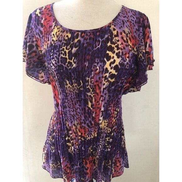 NOTATIONS Women Size Large Multicolor round collar Short Sleeve Blouse stretch - Picture 1 of 7